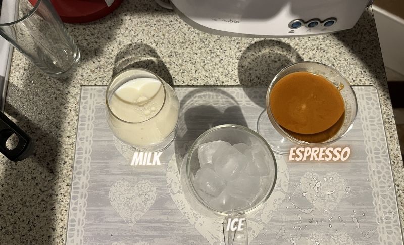 the ingredients required for an iced cortado: iced cortado